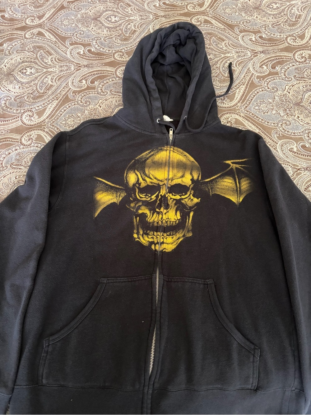 Black Zip-Up Avenged Sevenfold Hoodie with Yellow Skull Graphic